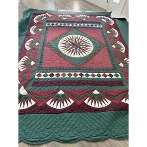 Mariners Compass Quilt Handcrafted Green Burgundy Cotton Handsewn King 98x113